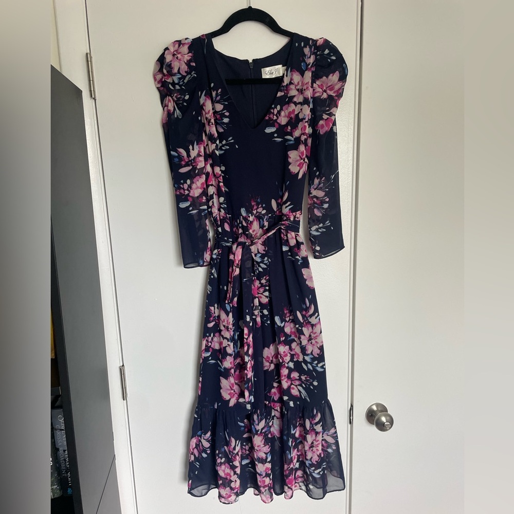 Eliza J Navy Floral Midi Dress with Pink Flowers